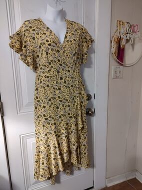 Max Studio Yellow Floral Wrap-Style Midi Dress